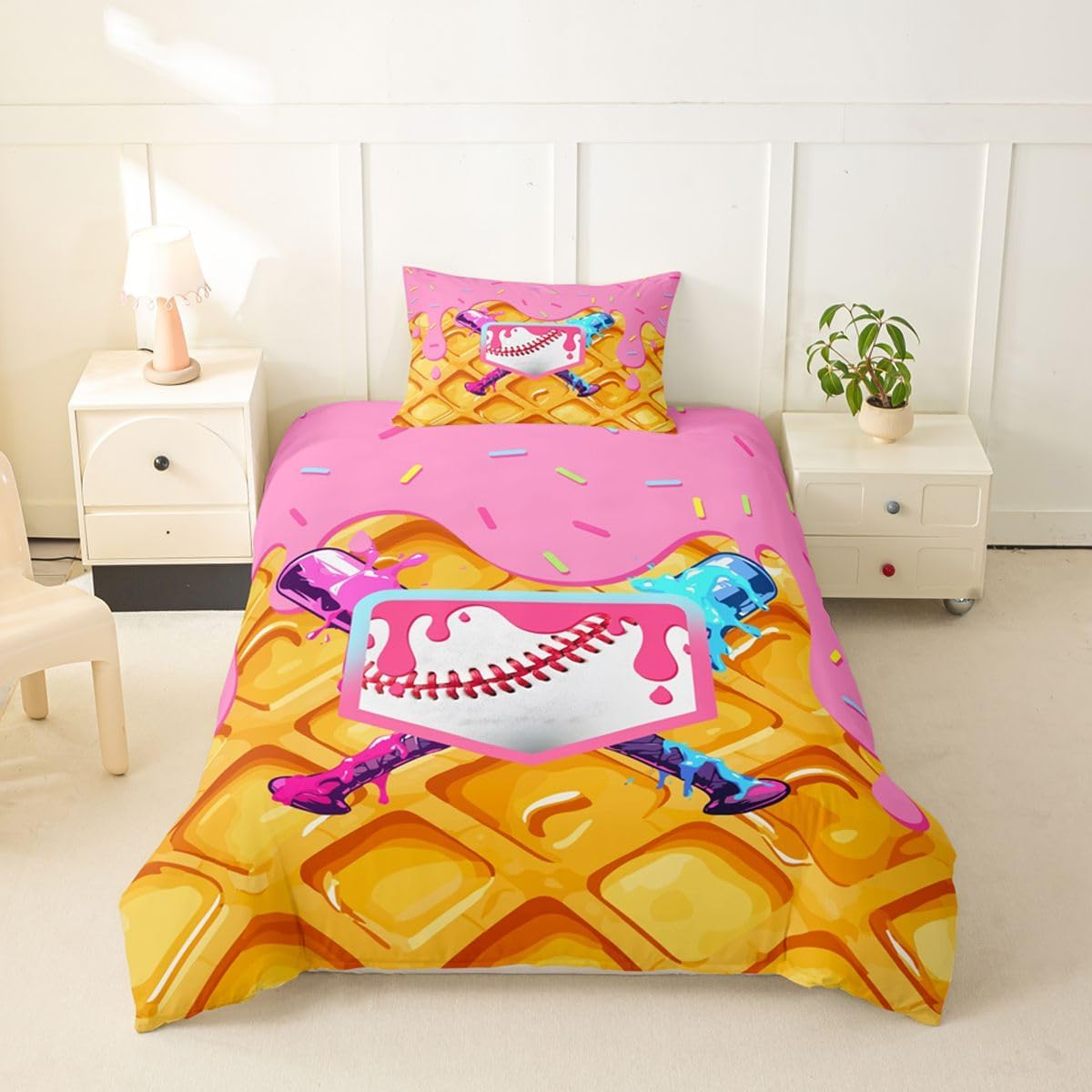 jejeloiu Baseball Duvet Cover Toddler Size Waffle Ice Cream Drip Comforter Cover for Boys Girls Donut Sprinkles Bedding Set 2Pcs Baseball Gaming Room Decor Coquette Aesthetic image 2