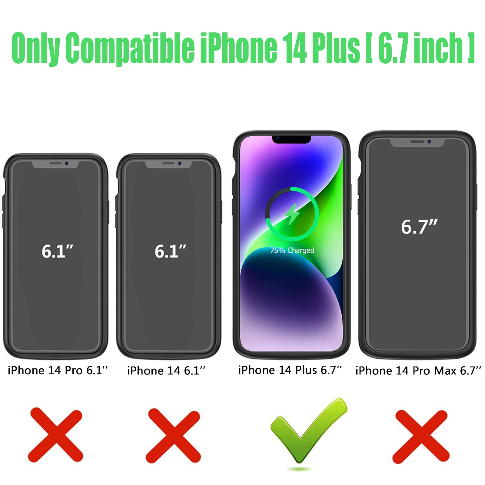 Wireless Charging Case for iPhone 14 Plus, 10800mAh High Capacity Portable Rechargeable Battery Case Wireless Charging Compatible with iPhone 14 Plus (6.7 inch) Extended Battery Charger Case (Black)