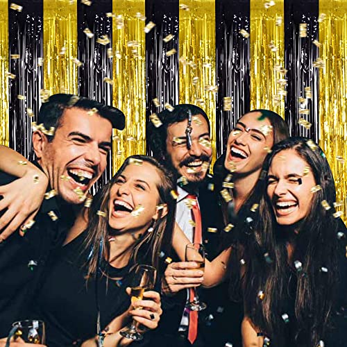 Image of TONIFUL 2Pcs Black Gold Door Streamers,Photo Booth Backdrop Metallic Streamers Foil Fringe Curtains for Birthday,Christmas,New Year,Bachelorette,Grad Party Streamers Decor(6.6ft x 6.6ft)