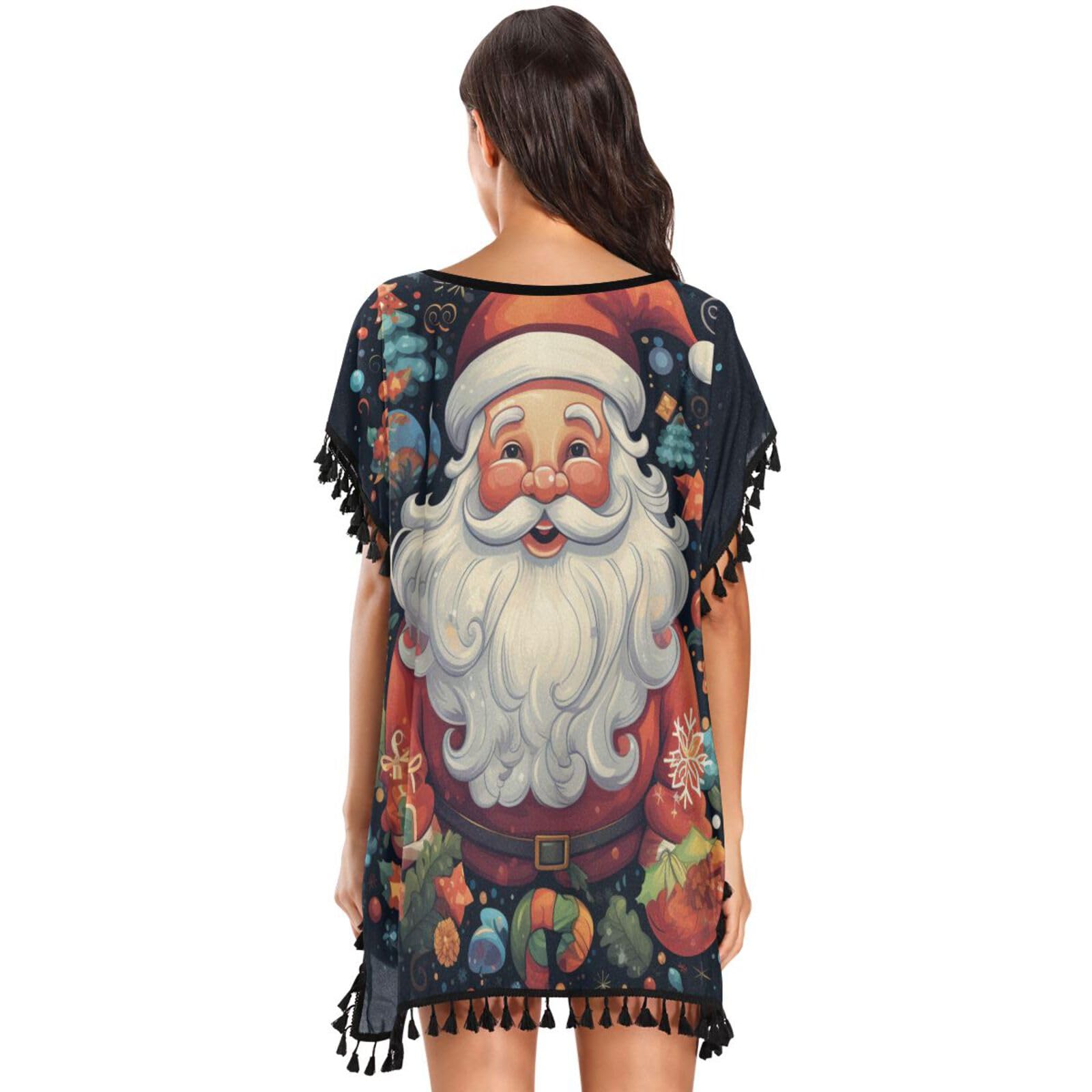 KAAVIYO Christmas Pattern Trees Women's Beach Cover Up Chiffon Tassel Swimwear Swimsuit Coverups for Girl