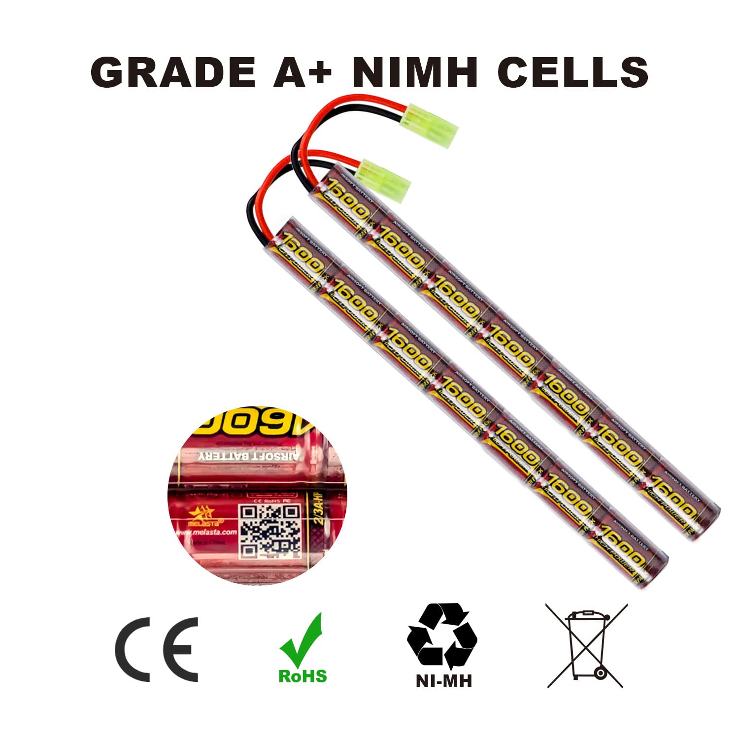 melasta 8.4V 1600mAh NiMH Airsoft Batteria con Mini Tamiya Connettore, Batteria ad Alte Prestazioni per AK47 MP5K RPK PKM, CYMA CM.028U ERICS13, SIG Fucile Carabina ad Aria Compressa Airsoft, 2 Pezzi