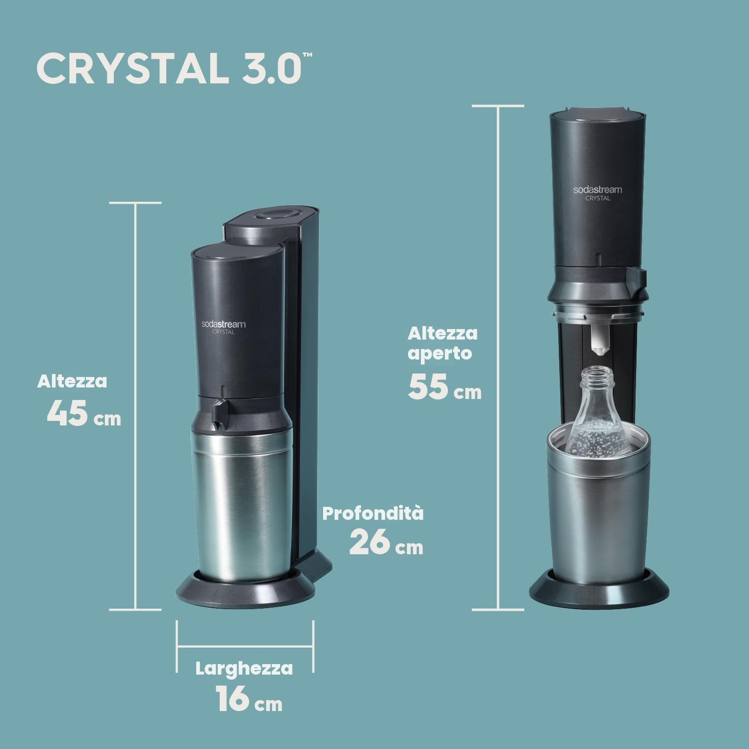 Sodastream Crystal Nero, Gasatore d'acqua frizzante utilizzare solo bottiglie di vetro Sodastream, inclusa bombola Co2 alimentare e bottiglia di vetro da 1 litro
