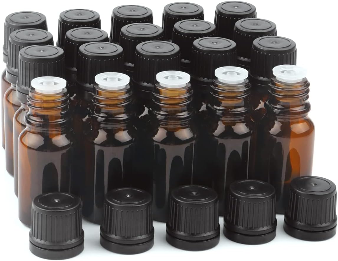10 ml(1/3 oz) Sample Glass Bottles For Essential Oils 20 Pcs Empty Glass Dropper Vials With Orifice Reducers For DIY Perfume Aromatherapy Fragrance Cosmetic Oils (amber)