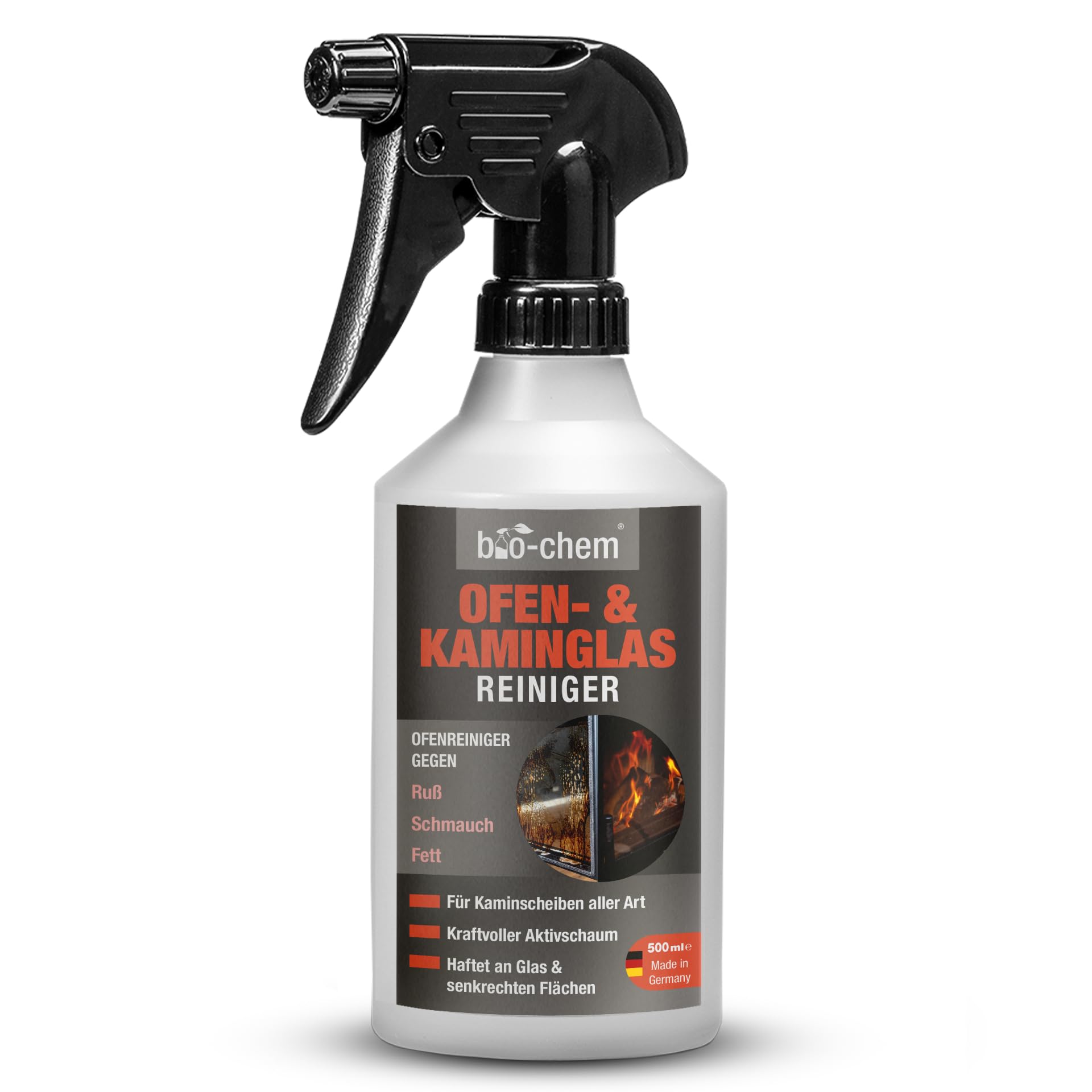 bio-chem Kaminscheibenreiniger Aktivschaum 500ml | Kaminglasreiniger gegen Ruß, Fette, Öle und Rauchharz auf Ofen- und Kaminscheiben