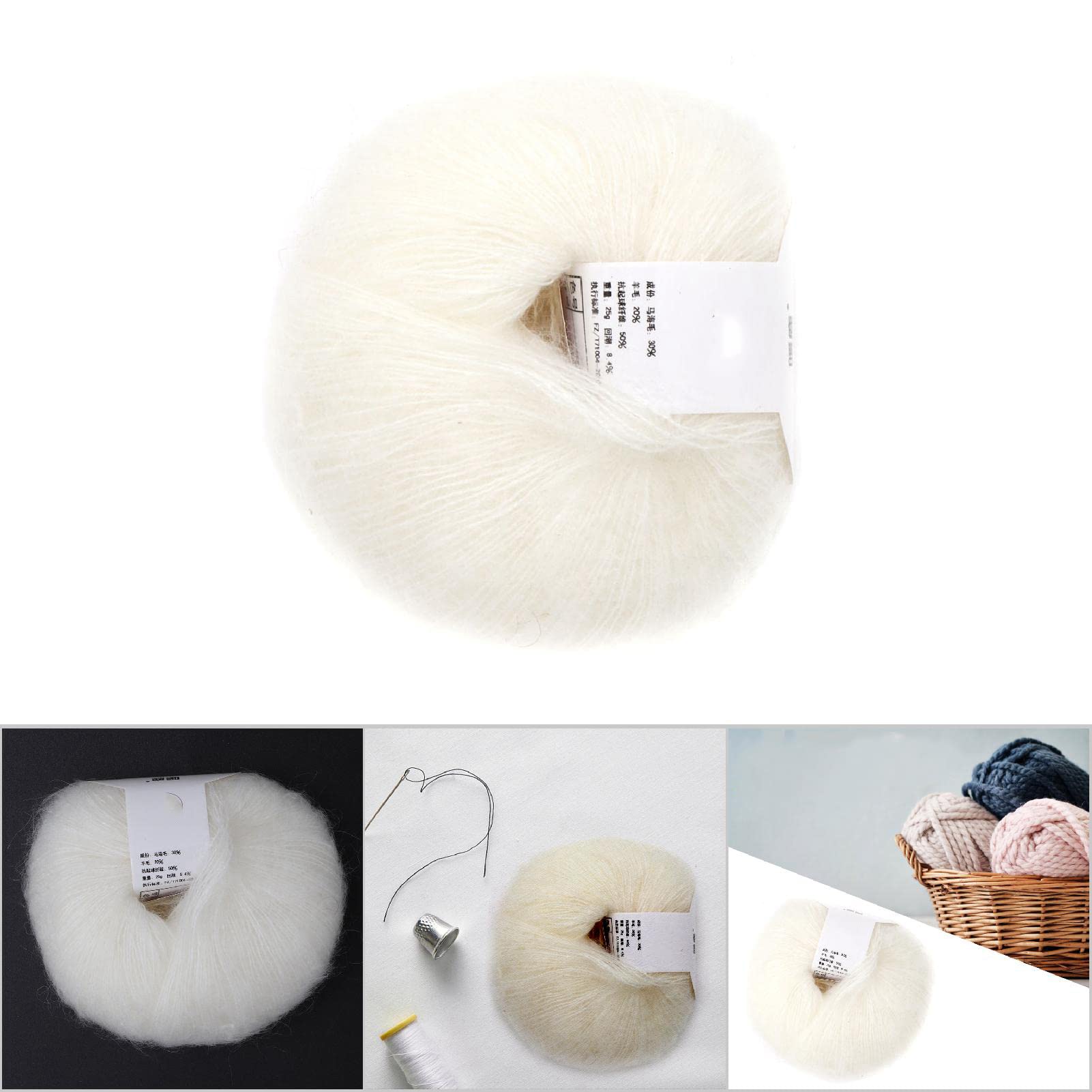SEAFRONT Popular Soft Mohair Pashm Angora Wool Yarn, Soft Mohair Knitting Knit Angora Long Wool Yarn Hot (01 white) - Image 3