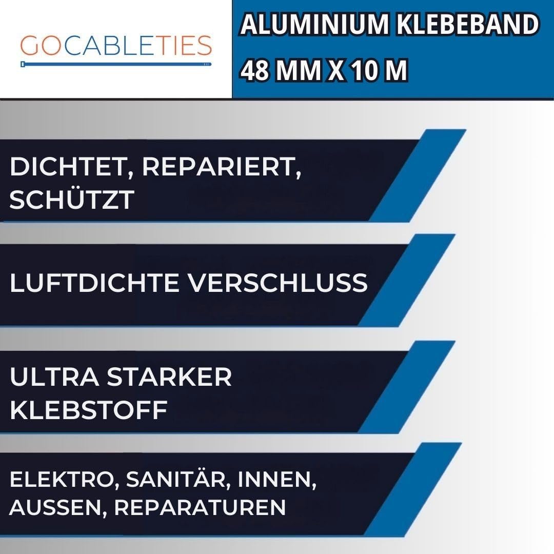 GOCABLETIES Aluminium Klebeband 48 mm x 10 m 48 Rollen
