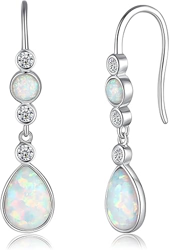 FANCIME Created Opal Earrings Sterling Silver Hook Earrings with 2 White Fire Opal Stones Teardrop October Birthstone Earrings Fine Jewelry for Women