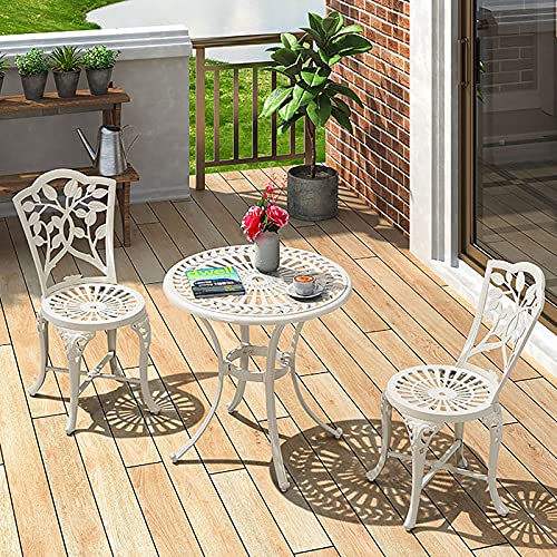 Struttura durevole: realizzato in robusto alluminio pressofuso, questo set di tavolo e sedie da bistrot per esterni presenta una finitura antiruggine e resistente alle intemperie, garantendo un uso duraturo. Perfetto per terrazze, giardini o balconi, combina funzionalità e stile, rendendolo un'aggiunta ideale alla tua collezione di mobili da esterno. Goditi il tuo spazio esterno per gli anni a venire!