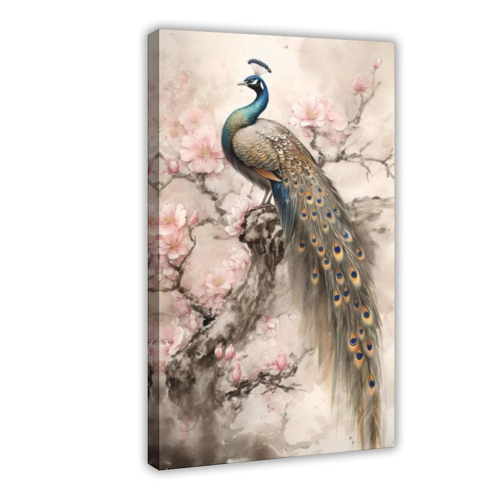 Qnvjqkdsi Frame Elegant Peacock On Cherry Blossom Branch, Floral Nature Art Canvas Poster Bedroom Decor Landscape Office Room Decor Gift 24" L X 36" W