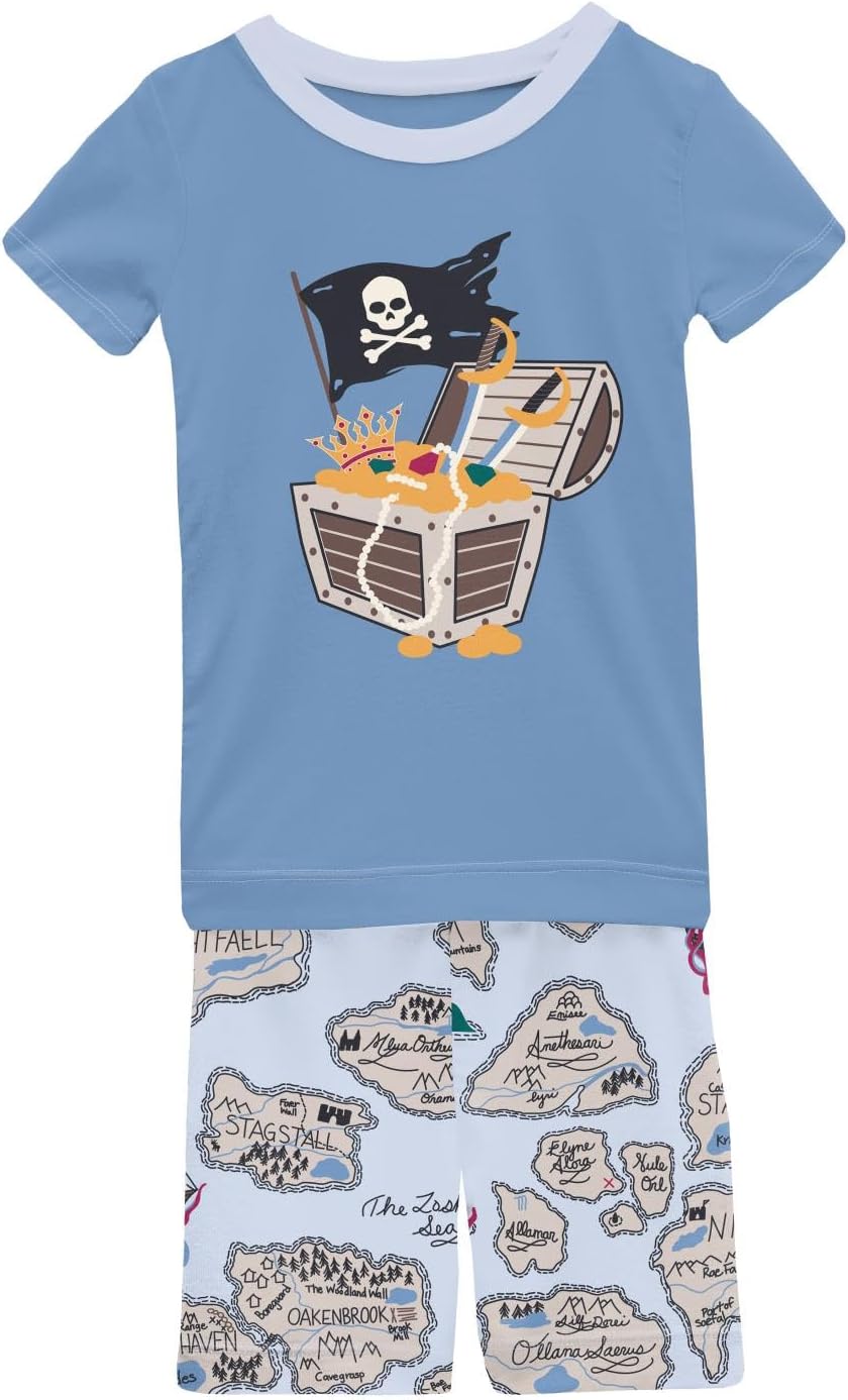 KicKee Graphic Print Short Sleeve Pajama Set, Ultra Soft and Snug Fitting PJs, Matching Top and Bottom Sleepwear Set, Newborn to Baby to Kid Pajamas (Dew Pirate Map - 3T)