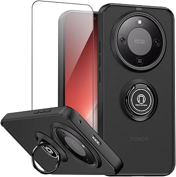 QUIETIP Case for Honor Magic 8 Lite/Honor X9d with Screen Protector,Magnetic Ring Car Stand Silicone Translucent Matte Drop Protection Cover,Black