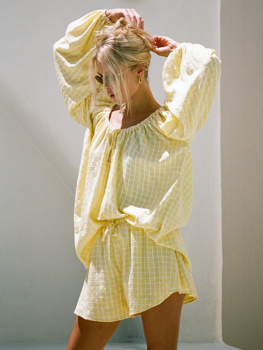 Womens 2 Piece Short Set Oversized Lounge Sets Long Sleeve Top and Shorts Plaid Pajamas Set - Image 2