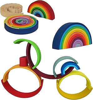 SmartToys4U 12PCS Large (29 cm) Wooden Rainbow Stacker Stacking Toy Nesting Puzzle Arches Educational Geometry Building Blocks Montessori Waldorf Learning Toddlers Kids Baby Gift (Blue)