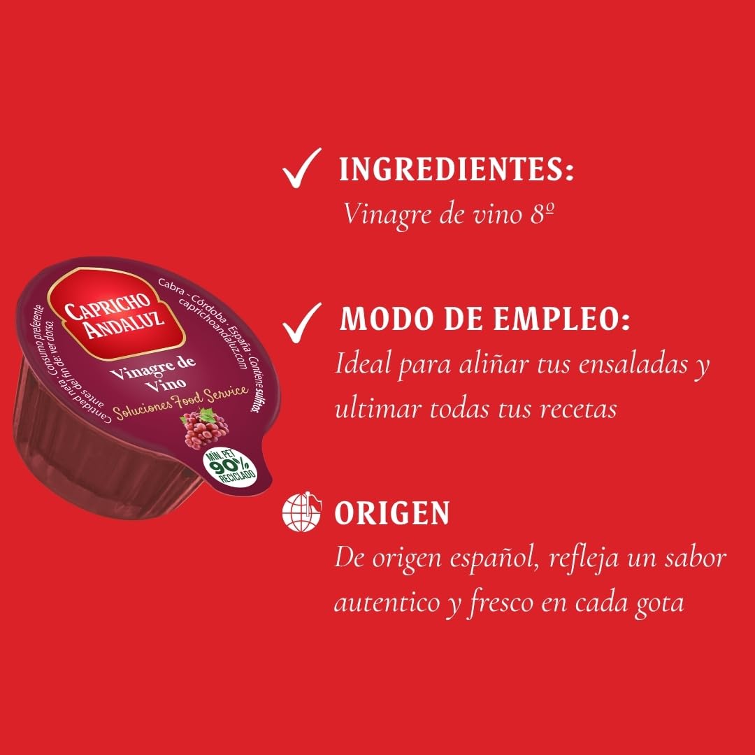 Capricho Andaluz Vinagre de Vino Expositor 168 Monodosis 10 ml para Restauración Aderezos Ensaladas