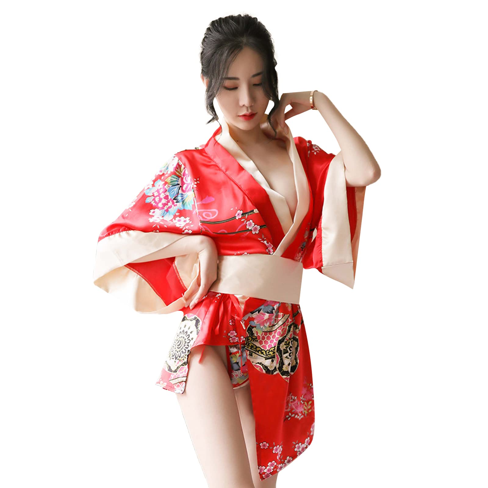 TINAYAUEWomen's Traditional Japanese Kimono Sexy Lingerie Japanese Cardigan Lace Kimono Yukata Clothing Kimono Style Cosplay Underwear Retro Pyjamas Kimono Suit Bathrobe Pyjamas