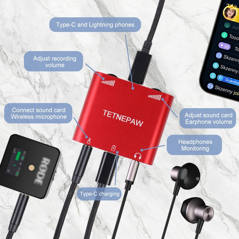 Plus - Micrófonos Lavalier inalámbricos con adaptador de carga, soporte Lightning a audio y micrófono, compatible con Apple y Android para YouTube, Twitch y TikTok Live Streaming (rojo)
