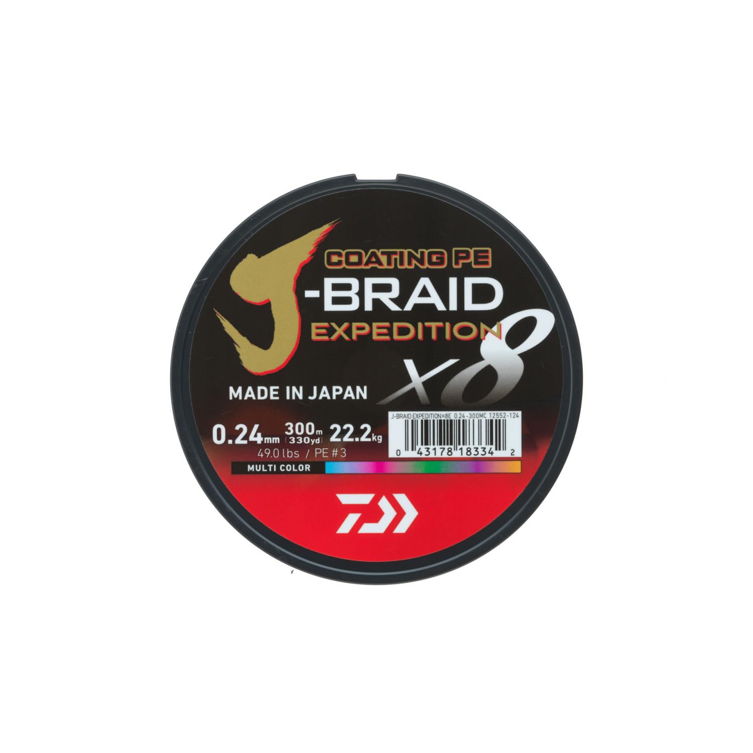 DAIWA J-Braid Expedition X8E, 0.1mm, 6.9kg/15.2lbs, 300m, Multi-Colour, Braided Fishing Line, 12552-110