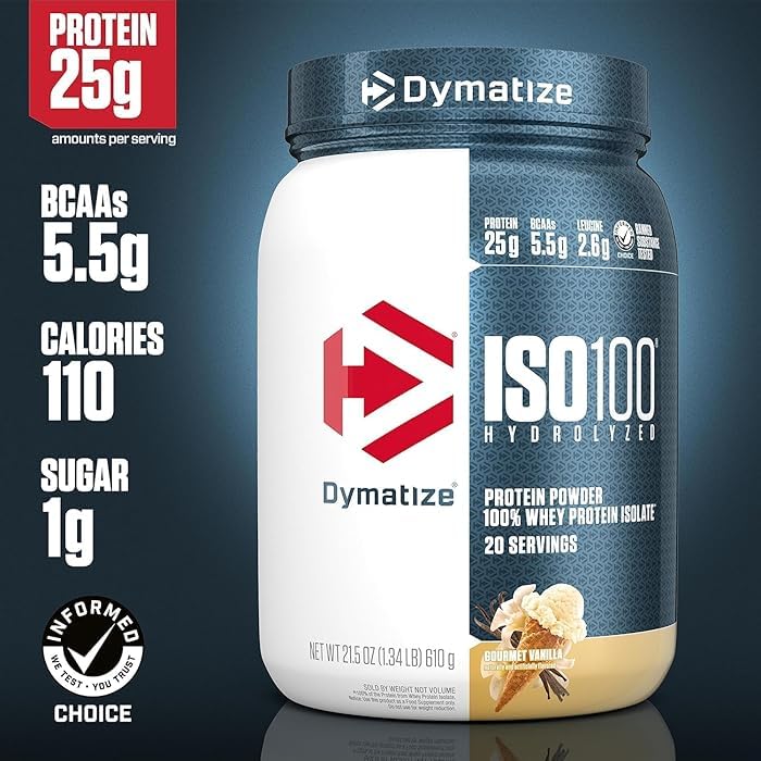 Image of Dymatize Nutrition ISO100 Whey Protein Powder Isolate, Gourmet Vanilla, 25G of Protein, 20 Servings, 5.5G BCAAs, Less Than 120 Cal., Gluten Free, 1G Fat, 1G Sugar, 2G Carb