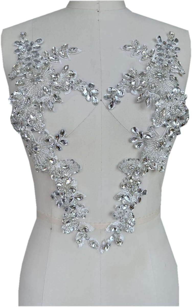 Handmade Rhinestones lace Trim Patches handsewing Beads Applique for Dress One Pair DIY Accessories (Silver)