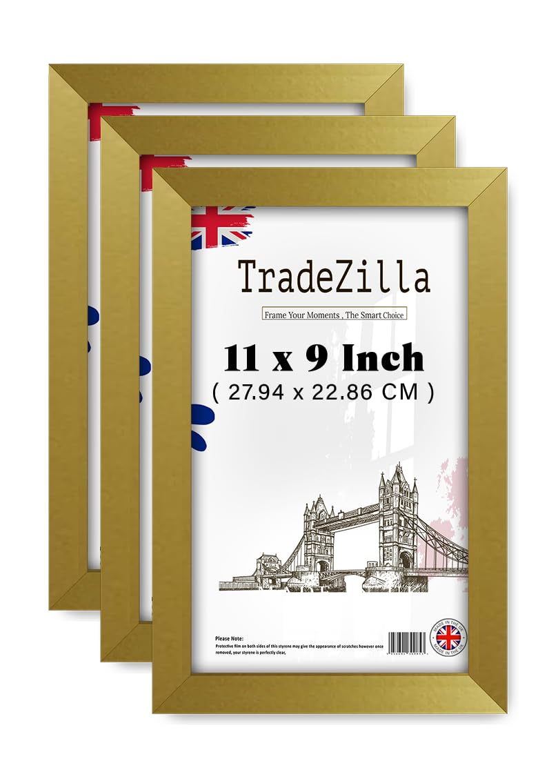 TradeZilla pack of 3 Stylish (27.94 x 22.86 CM) Art Frames (27.94 x 22.86 CM) Poster Frame | MDF Wood |279.4 x 228.6 mm for Family Photos, Wedding, or Birthday Gifts 11 x 9 [ Gold ]
