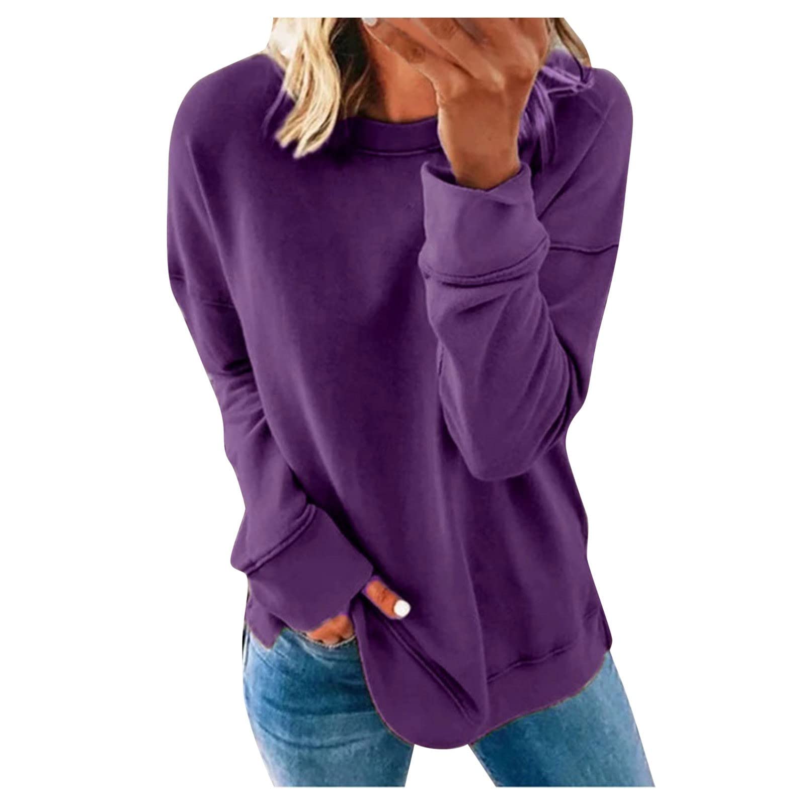 Women's Long-Sleeved T-Shirt Casual Oversized Round Neck Pullover Top Trendy Solid Tee Sweatshirt