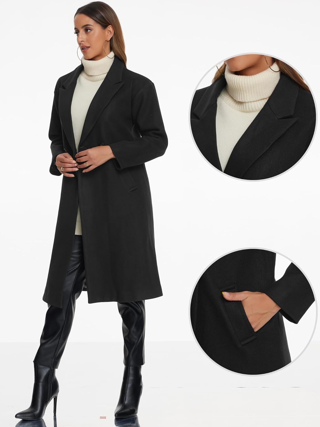 Chic Black Notch Lapel Long Coat for Women