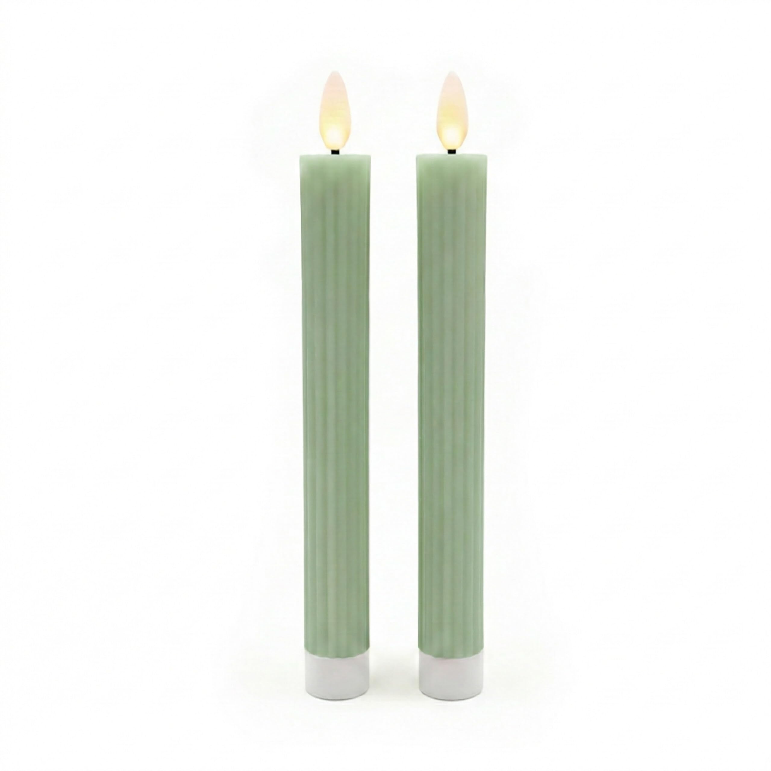Relaxdays LED Taper Candles, Flameless Flickering Flame, Real Wax, Ribbed, Set of 2, 25x2 cm, Sage