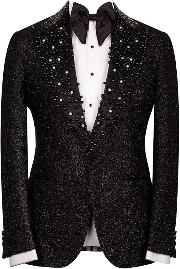 Mens Suit Rhinestone Crystal Beaded Lapel Blazer Coat Pant Vest Formal Evening Party Groom Tuxedo Wedding 3-Piece