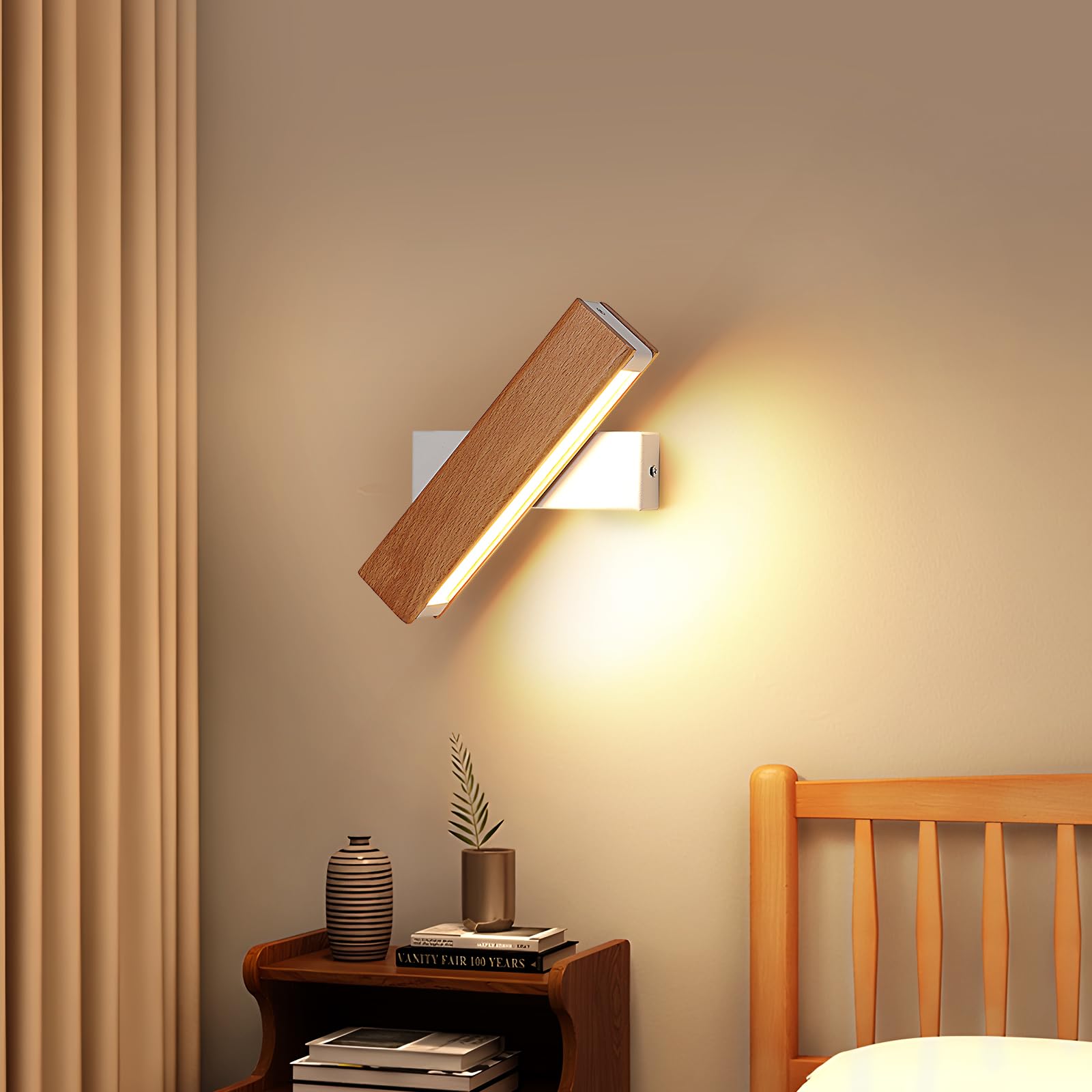DELIPOP Applique da Parete Interno, 360° Girevole Lampada da Parete in Legno, 3000K Bianco Caldo Lampada da Muro LED per Camera da Letto Soggiorno Corridoio