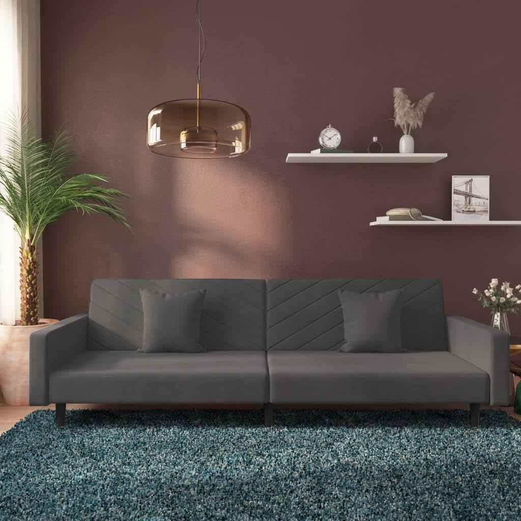 Sofa do spania 2-osobowa z 2 poduszkami ciemnoszarym aksamitem, rozkładana, funkcja relaksu, łóżko dla gości, nowoczesne wzornictwo, styl skandynawski, do salonu, biura, salonu, salonu