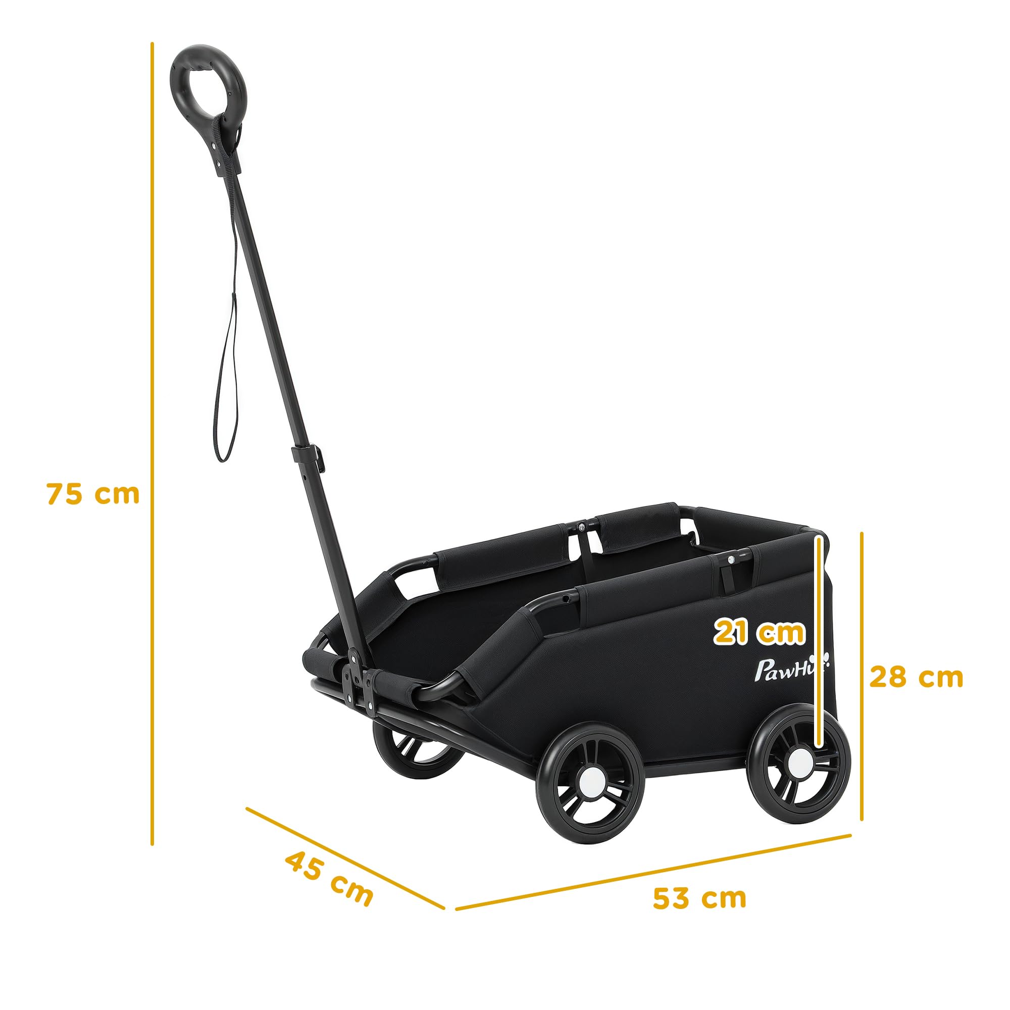 PawHut Carrito para Perros Plegable Cochecito para Mascotas Carrito para Perros Miniatura con Barra de Empuje Ajustable Diseño Abierto Cojín Bolsa de Almacenamiento y Ruedas 53x45x28 cm Negro
