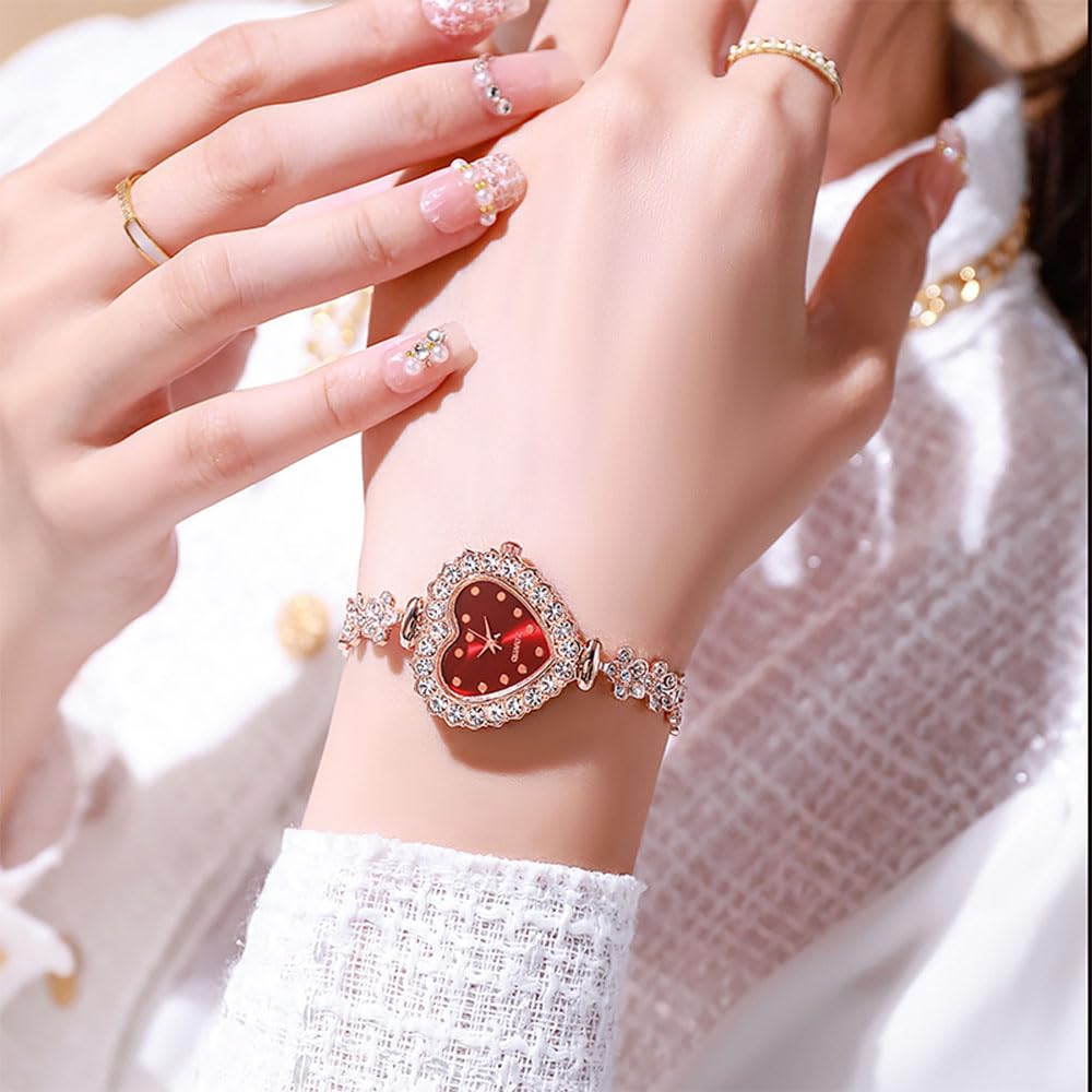 5 Stück verstellbare Armbanduhr für Damen Strass Quarzuhr Diamantbesetzte Uhr Casual Mode Herzform rundes Zifferblatt Analog Quarz Armbanduhren