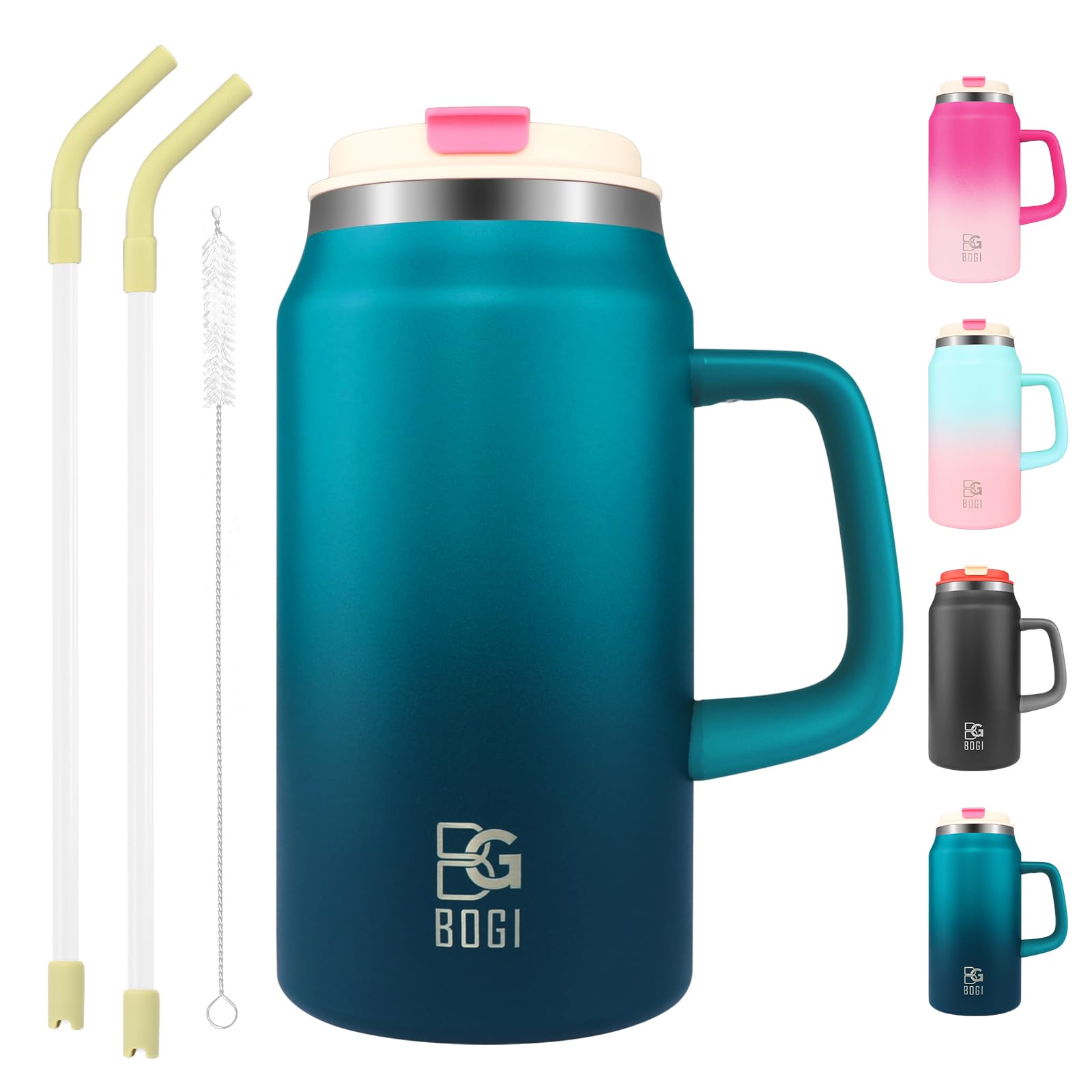 BOGI 50oz Tumbler with Straw and Lid,Large Capacity Travel Mug with Handle Insulated Stainless Steel Water Bottle Cup Keep Cold and Hot for Tea Coffee Leak-Proof