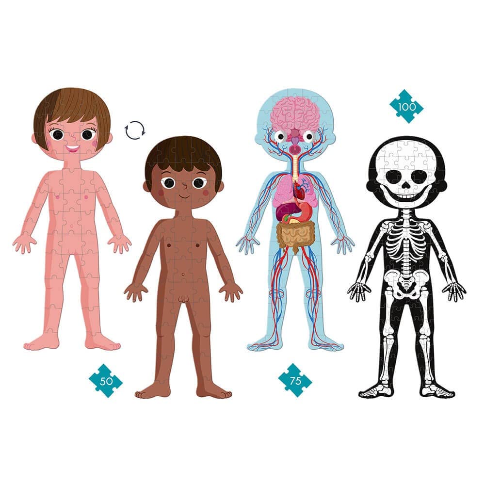 Janod - Juego de 4 Puzzles Gigantes sobre el Cuerpo Humano - 50, 75 y 100 Piezas - Tarjetas educativas en 12 Idiomas - Descubrimiento del Cuerpo Humano - A Partir de 5 años, J02681