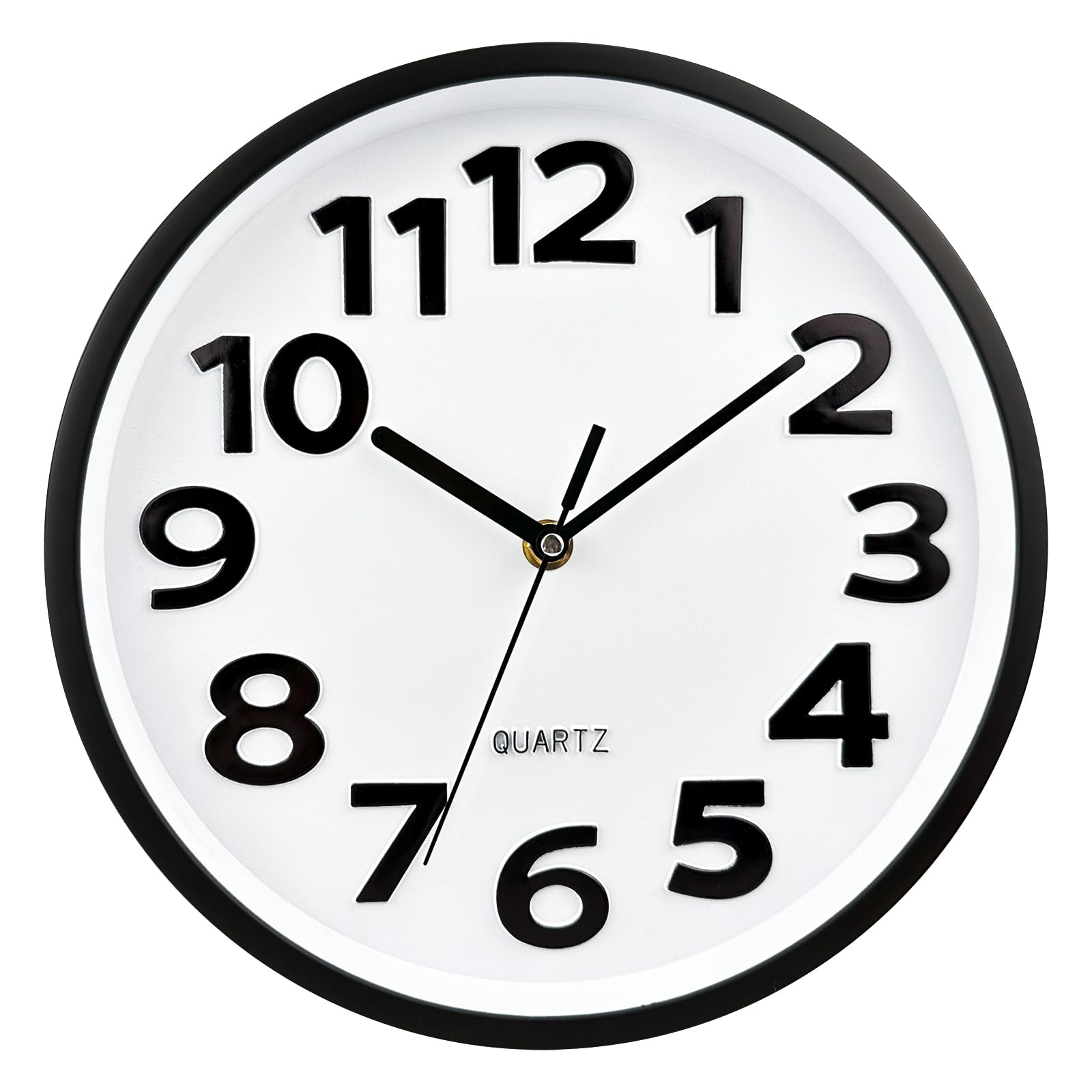 Plumeet 25cm Kleine Wanduhr, Nicht tickende Stille Quarz Dekorative Uhren, Moderner Stil Gut für Wohnküche Wohnzimmer Schlafzimmer Büro, Große 3D-Nummer Anzeige, batteriebetrieben (Schwarz)