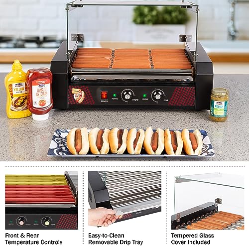 Image of Hot Dog Roller Machine with Cover - 1170W Stainless-Steel Cooker with 9 Rollers - 24 Hotdog Capacity Electric Grill by Great Northern Popcorn