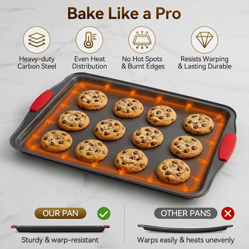 4-Piece Nonstick Carbon Steel Baking Sheet Set, Small Medium Large Rimmed Oven Pans with Red Heat-Resistant Silicone Handles & Bonus Spatula for Cookies, Cakes, Pizza & Home Baking - Image 2