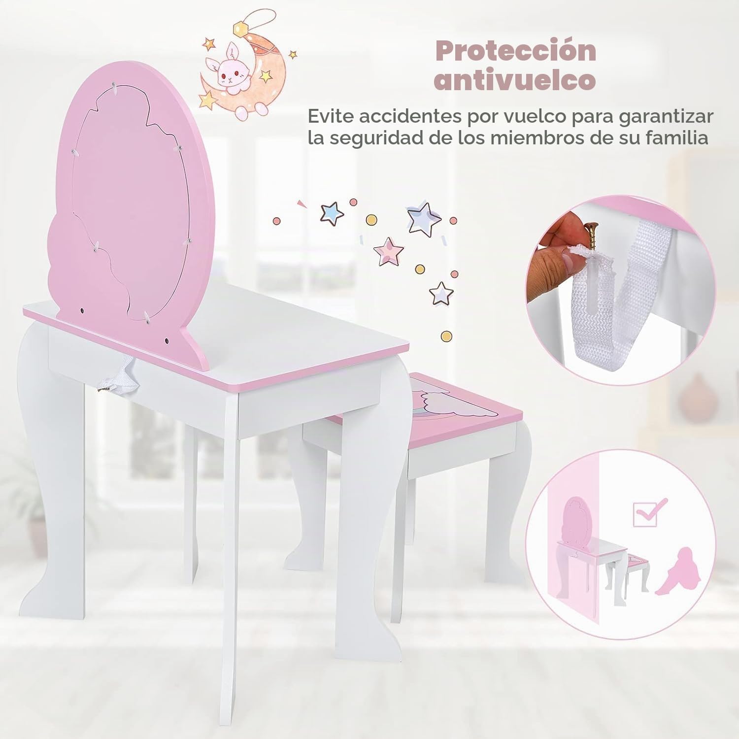 FANTASK Tocador Infantil con cajón y Espejo extraíble, tocador de Princesa con Taburete, tocador Rosa y Blanco para niñas de 3 a 7 años