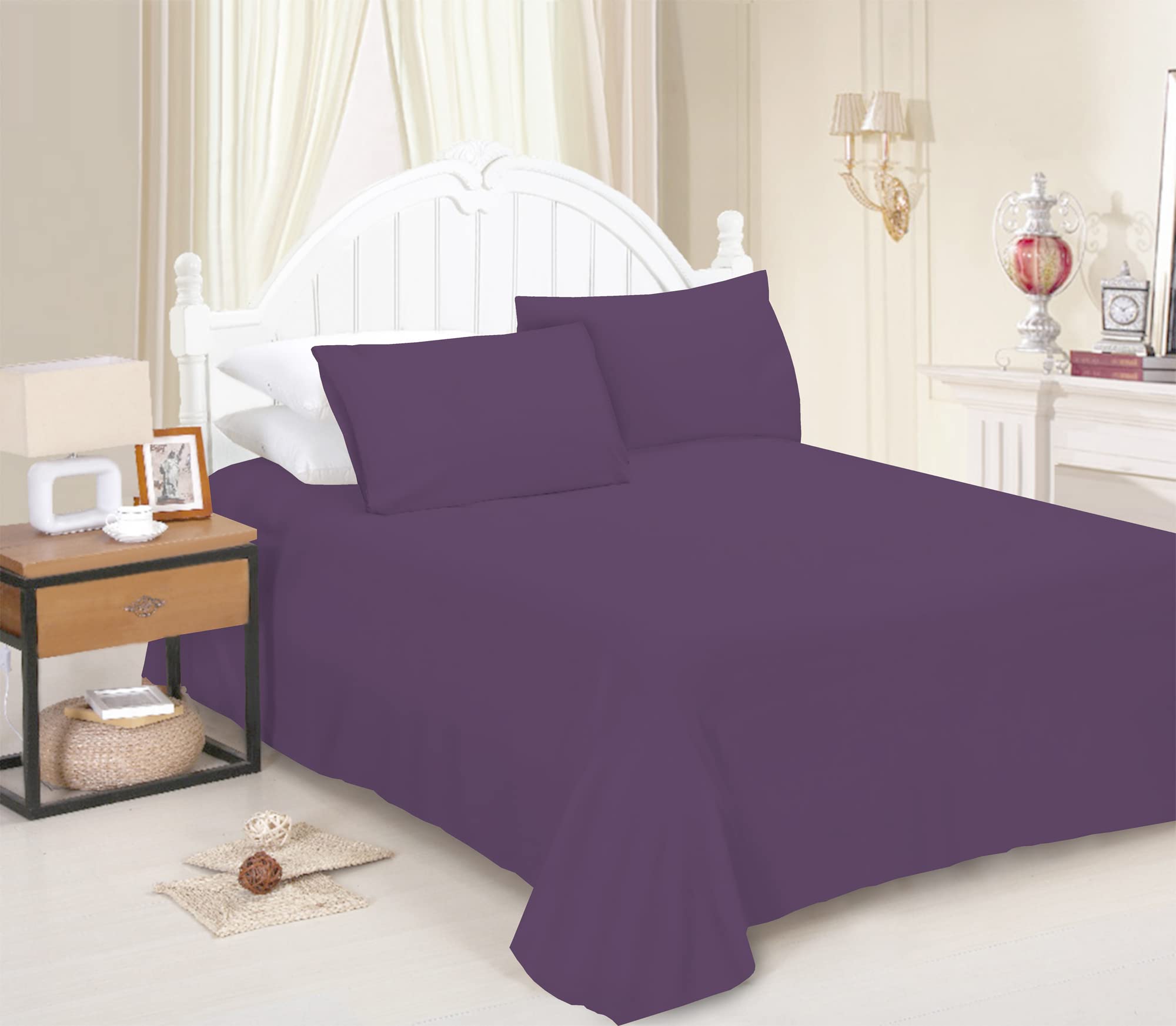 JRI® Flat Sheet- Luxurious Bed Sheet-Breathable-Hypoallergenic-Comfortable Poly Cotton Flat Sheet-Soft Touch Wrinkle Free (Purple-Single) - (Same Day Dispatch)