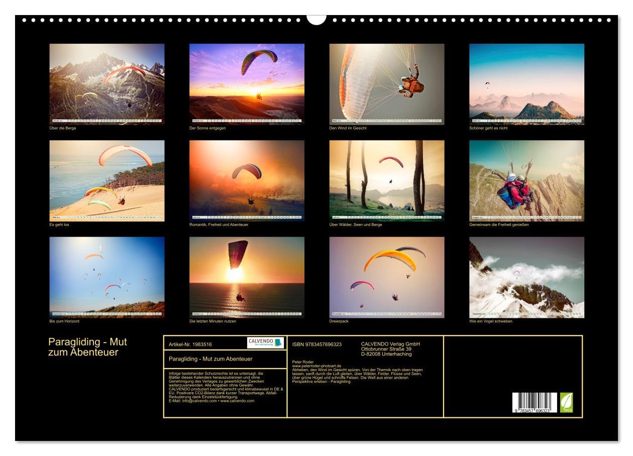 Paragliding - Mut zum Abenteuer (Wandkalender 2026 DIN A2 quer), CALVENDO Monatskalender: Paragliding - schweben ohne Grenzen mit dem Gleitschirm. (CALVENDO Sport)