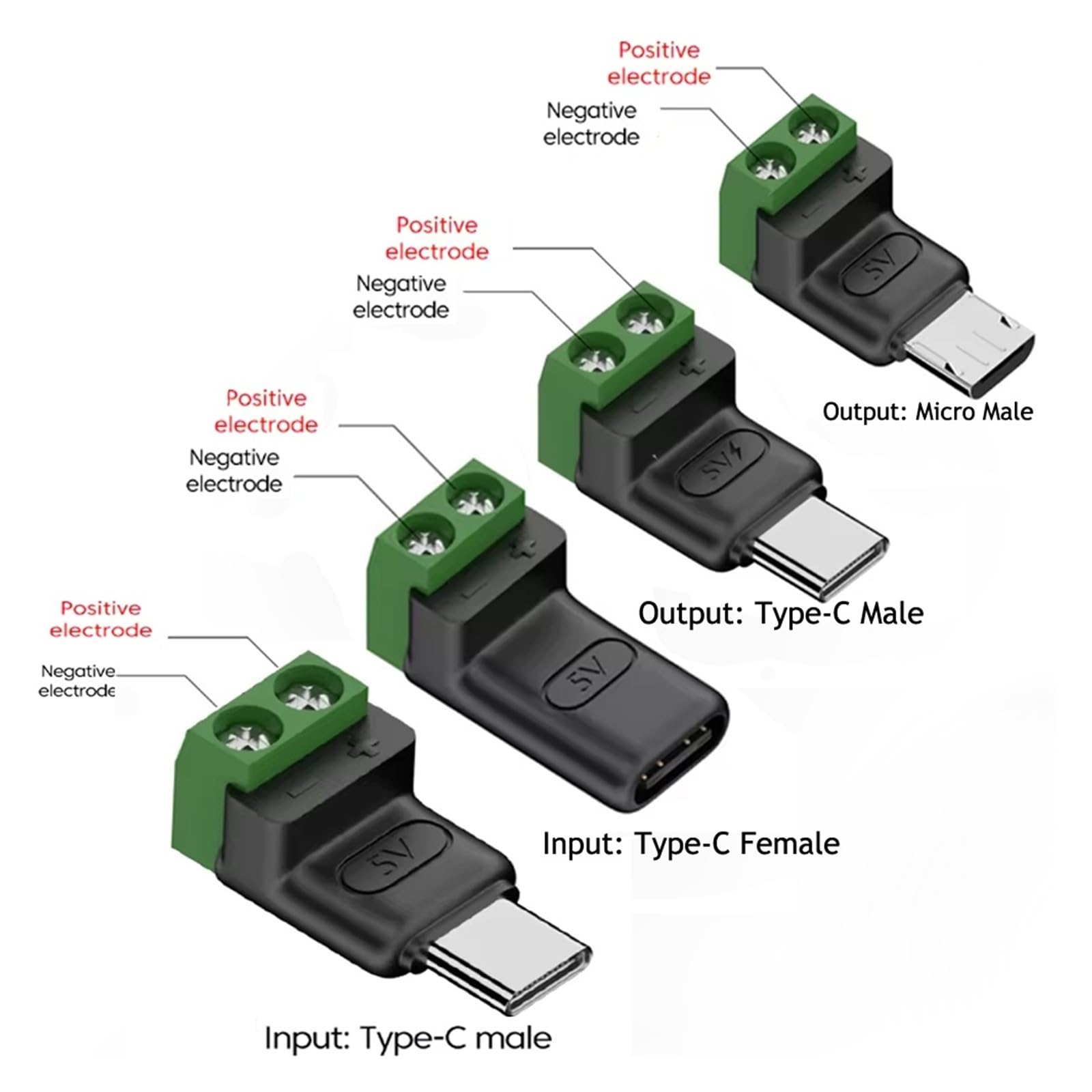 5 szt. USB C na 2 Pin Screw Terminal 5 V Solderless Adapter do DIY (typ C-C)
