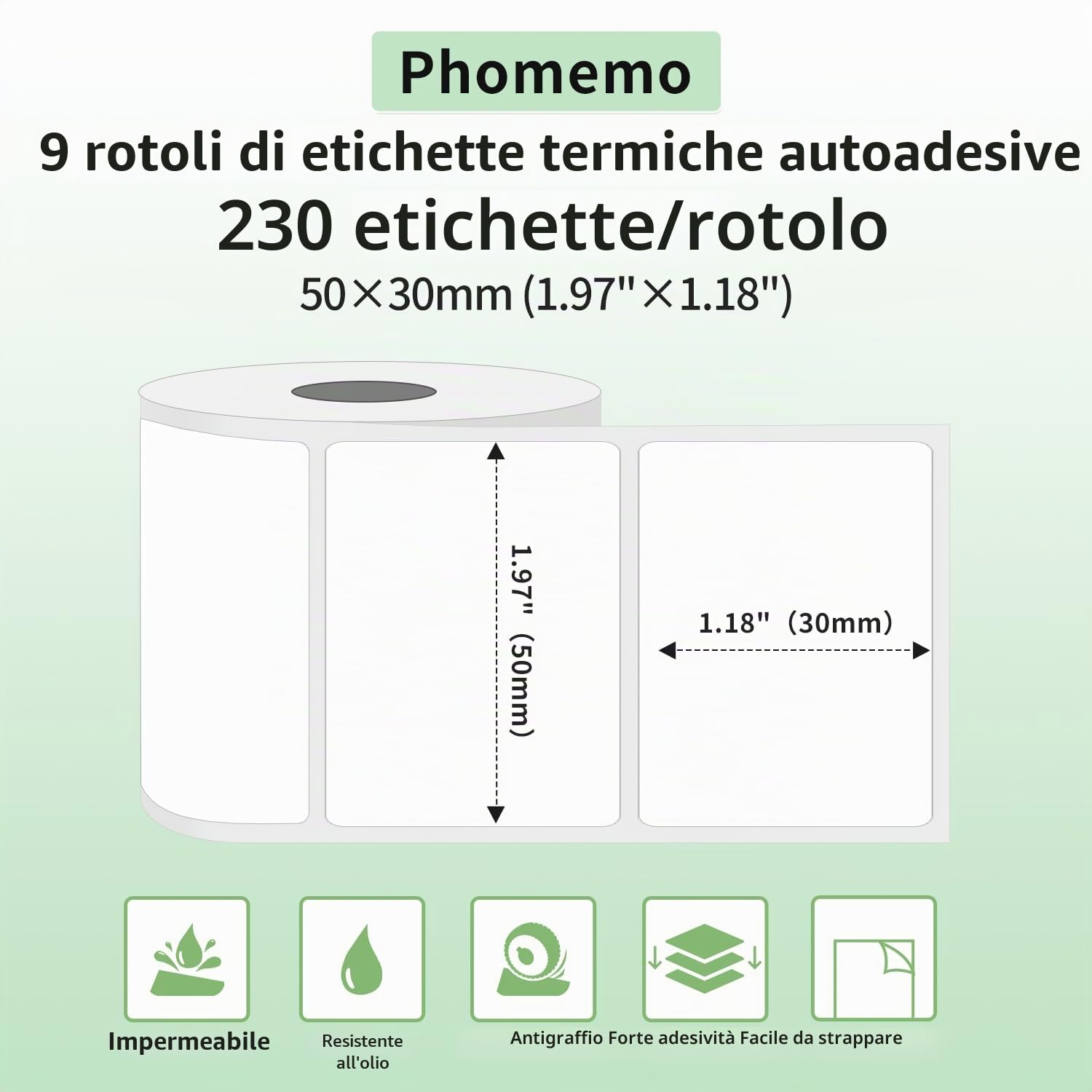 Phomemo 6 Rotoli Etichette Adesive per M110/M220/M108, 50×30mm, 2070 Pcs | Phomemo M110/M220/M108/M221 Etichette autoadesive termiche impermeabili per Logos, aziende, negozi, famiglie, scuole, bianco