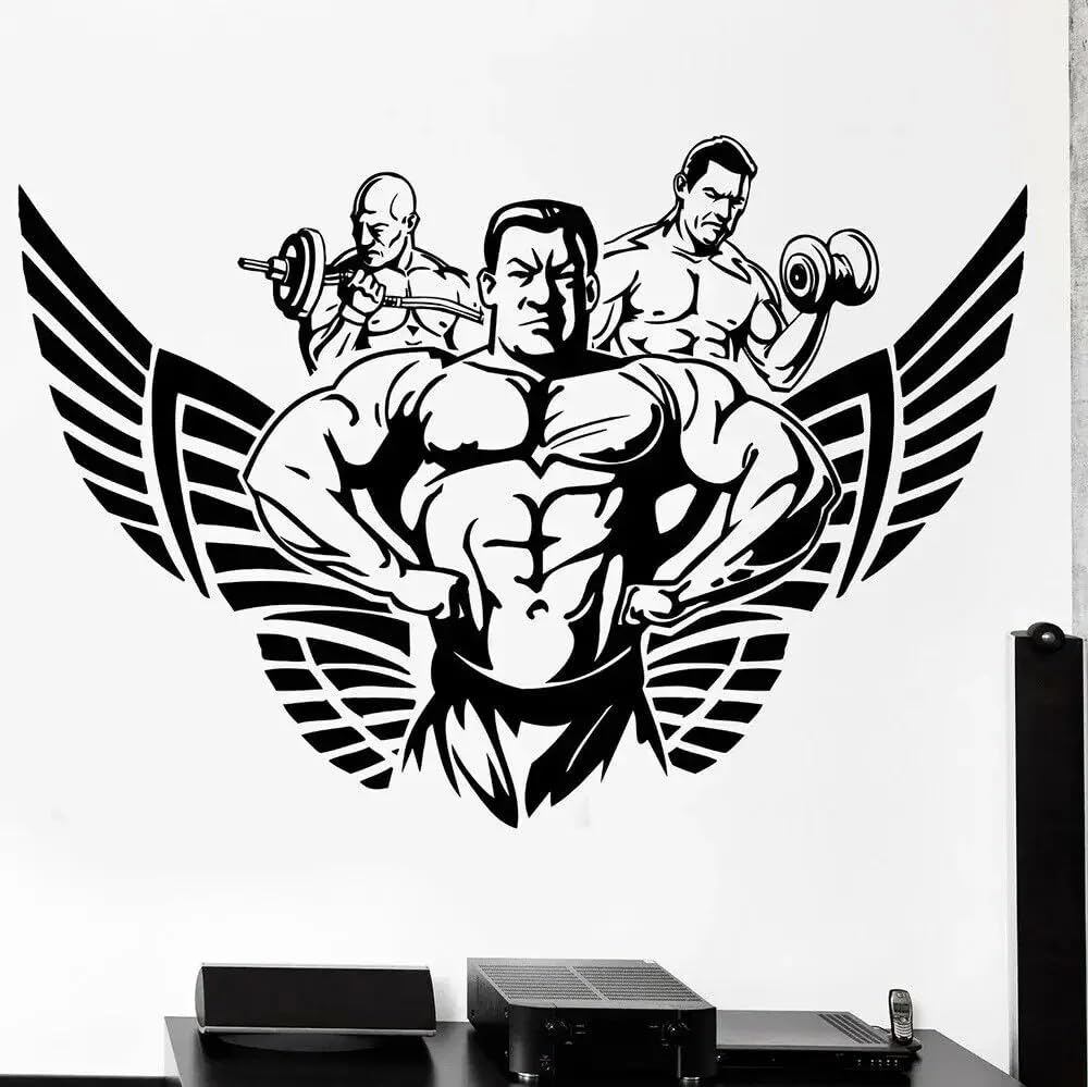 Gym Muscular Male Arm Dumbbells Wall Sticker Workout Fitness Sport Bodybuilding Bodybuilder Muscle Winged Decor 38X56CM