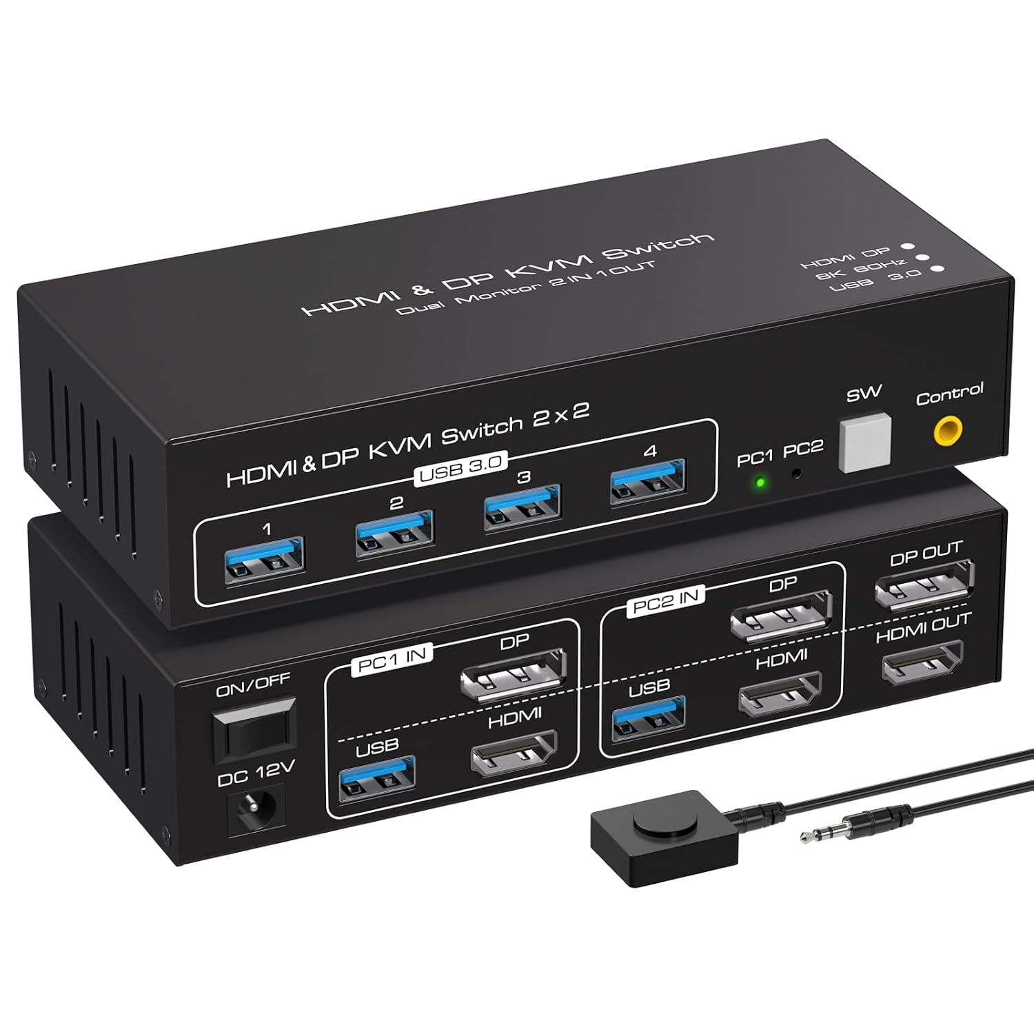 VPFET Commutateur KVM DisplayPort HDMI 4K120Hz - 2 ordinateurs, 2 moniteurs, 8K60Hz - Commutateur double moniteur pour 2 PC avec 4 ports USB 3.0 - Copie et affichage étendu, contrôle de bureau