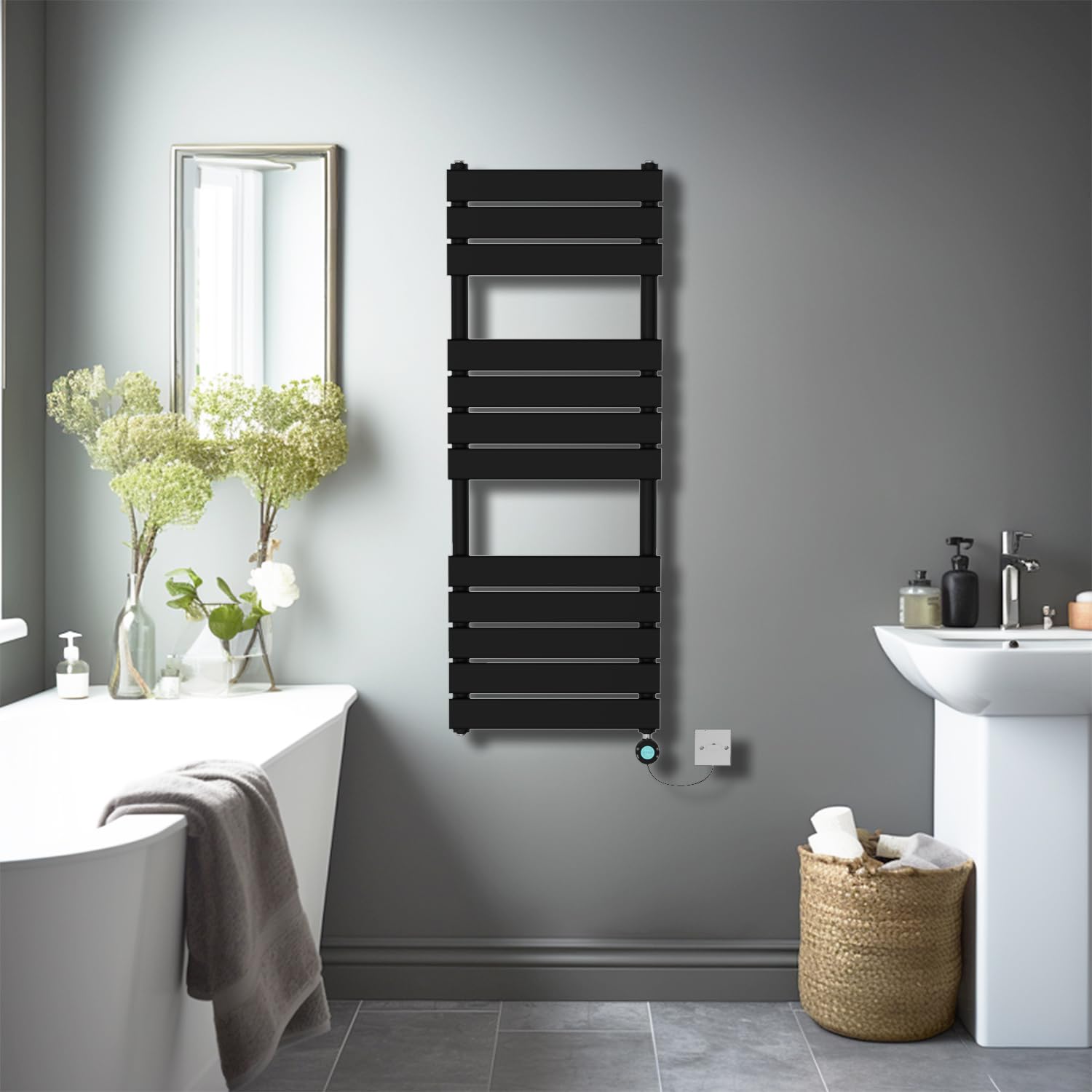 NRG 1200×450mm Black Flat Panel Towel Rail Radiator with WiFi LCD Element