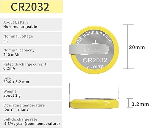 Miniatura 2 de EEMB Paquete de 10 baterías CR2032 CR2032 de litio de 3 V con pestañas de soldadura, baterías de litio de celda de moneda 2032 para SNES, N64,