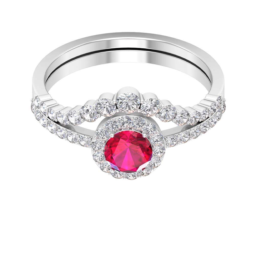 Solitaire 1.18 CT Ruby Certified Diamond Halo Engagement Ring, Women HI-SI Diamond Cluster Bridal Matching Ring Set, July Birthstone Wedding Ring Gift, 14K Gold
