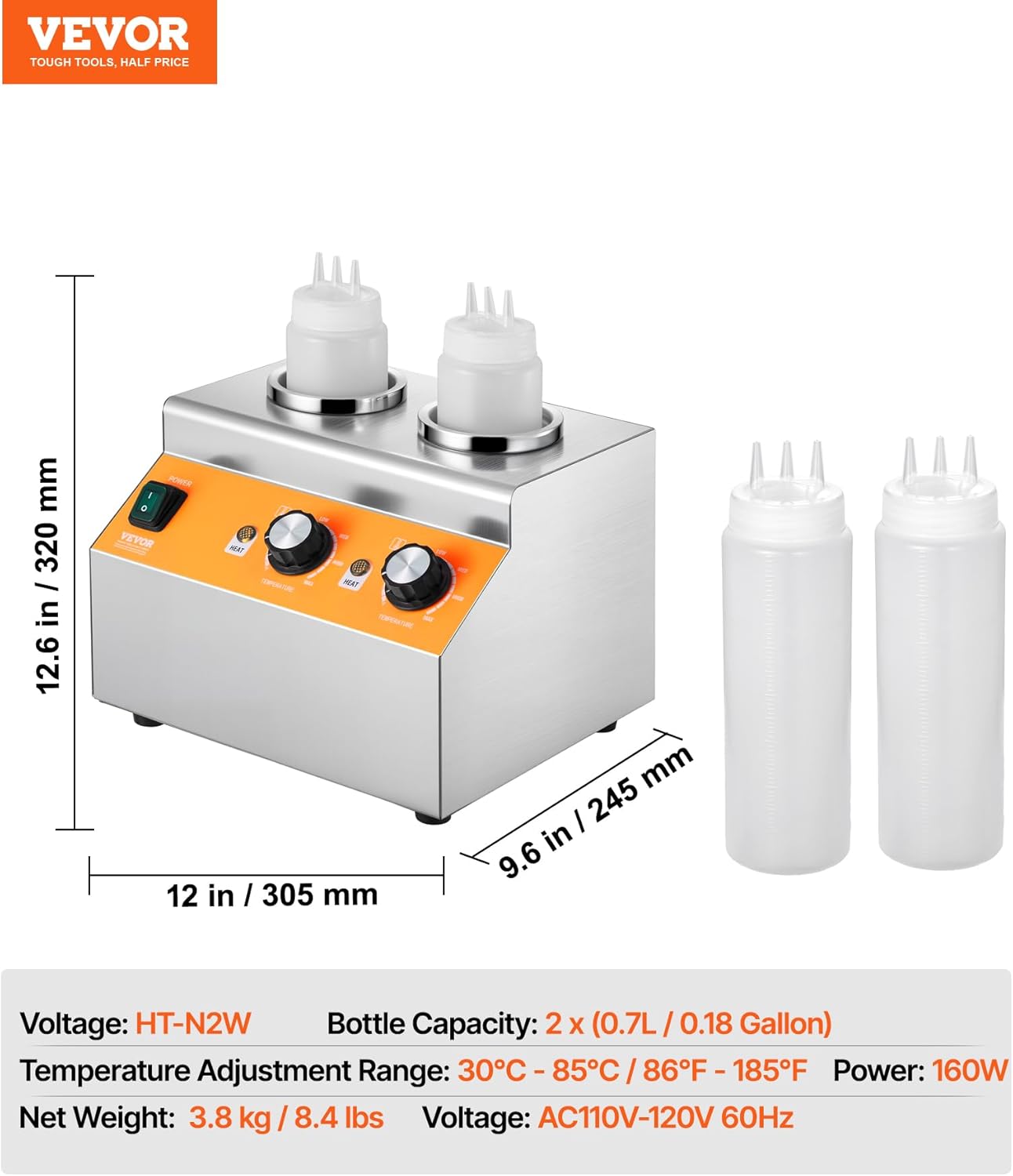 VEVOR Electric Bottle Warmer with Bottles, 0.8x2 LCommercial Cheese Dispenser, Hot Fudge Warmer 86-185℉ Temp Adjustable, Plastic Double Bottles Nacho Cheese Warmer, for Hot Fudge Cheese Caramel
