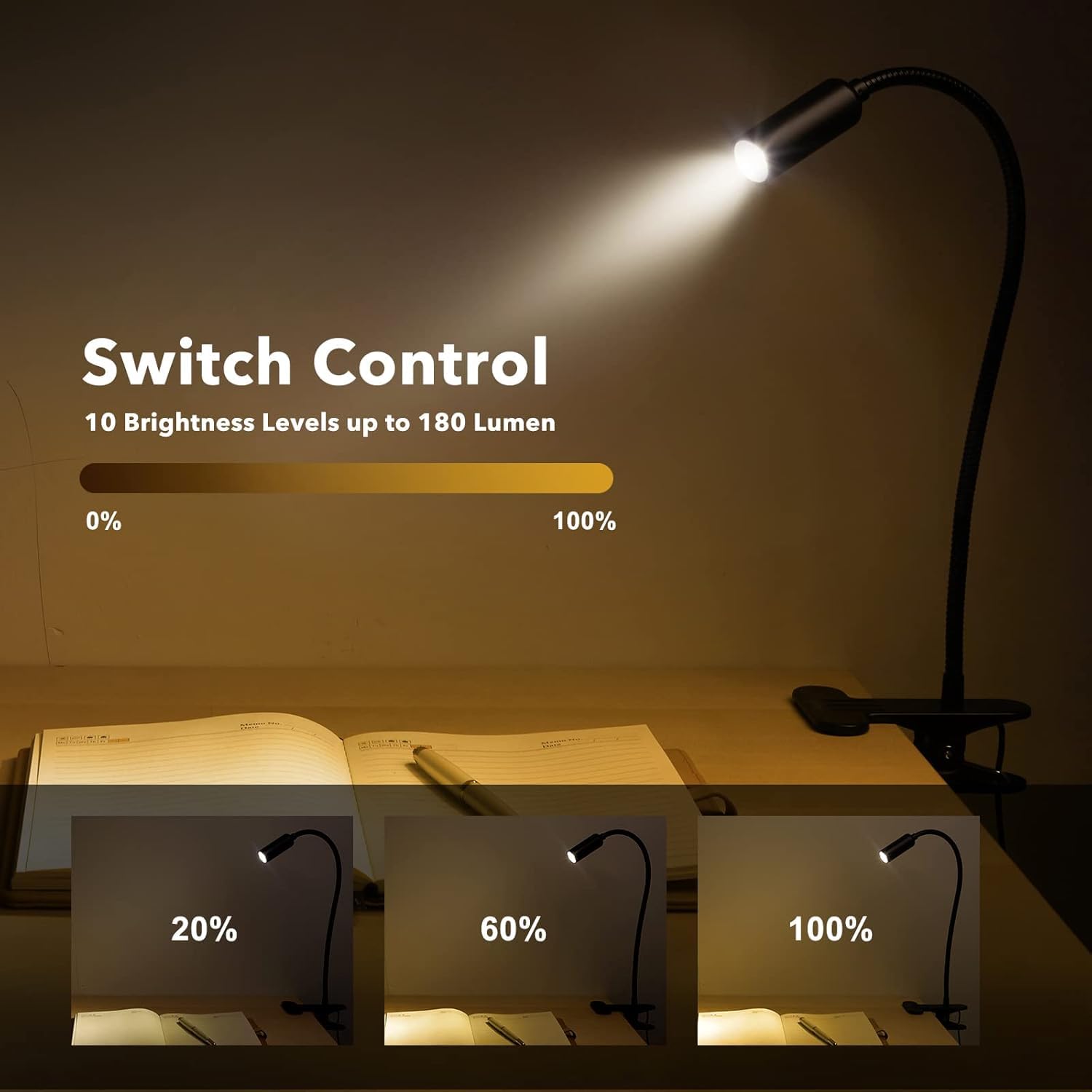 Hifree 5W Led Lampara Lectura Cama, 10 Niveles Lampara Pinza Cabecero Cama, Usb Interface Lampara para Leer en La Cama es adecuado para el Aprendizaje, Manicura, Manualidades, Maquillaje