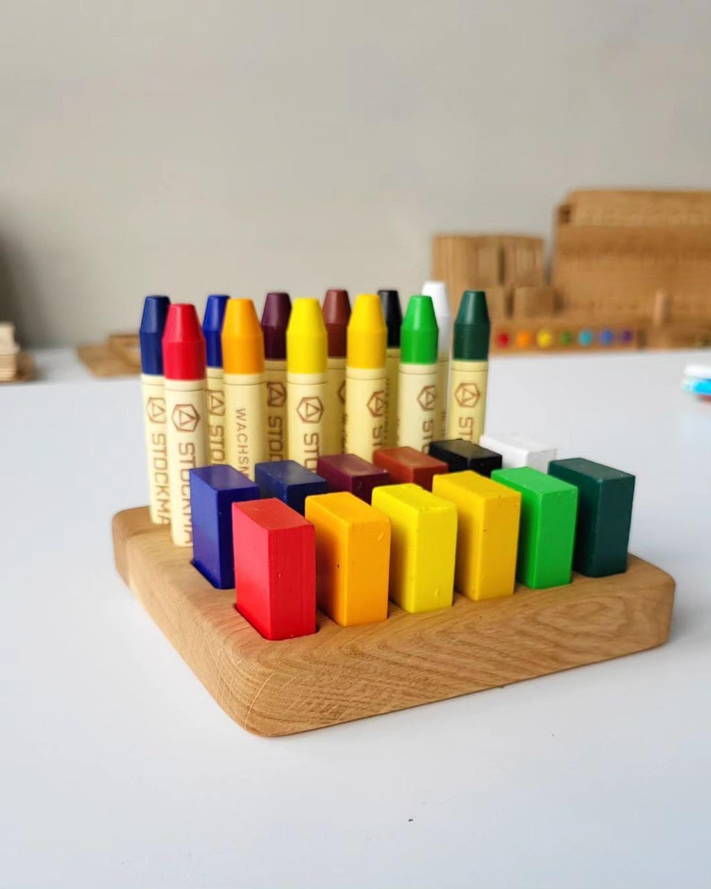 Wooden Crayon Holder for Stockmar 12 Blocks and 12 Sticks – Fits 12 Stockmar Beeswax Crayons Rectangular Organizer – Montessori Waldorf Art Supply – Gift for Kids & Classroom Use CRAYONS NOT INCLUDED